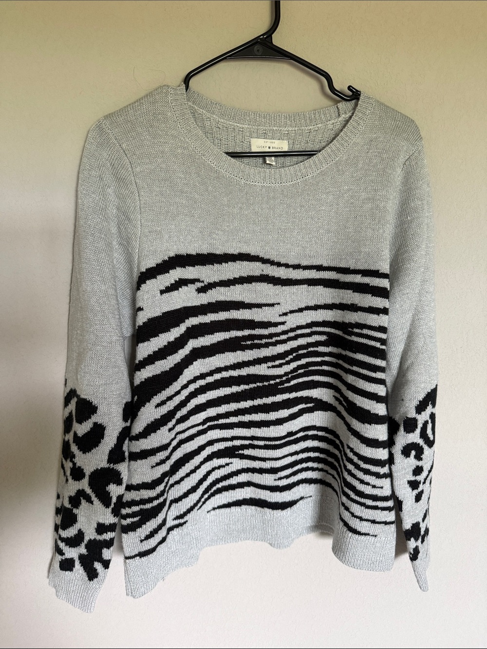 Lucky Brand Gray and Black Animal-Print Crewneck Sweater